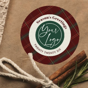 Zakelijk logo rood ruitjes kerst bedrijfscadeaus ronde sticker