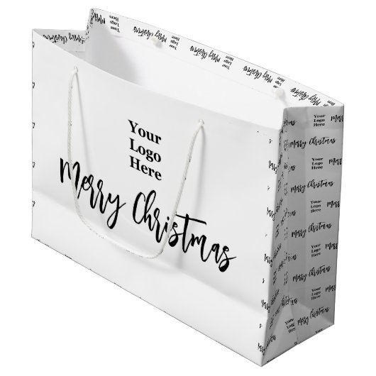 Zakelijk logo vrolijk kerstscript zwart & wit groot cadeauzakje (Voorkant Gekanteld)
