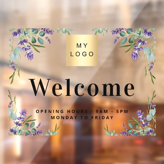 Zakelijk logo welkom openingsuren lavendel raamsticker (Vel 2)