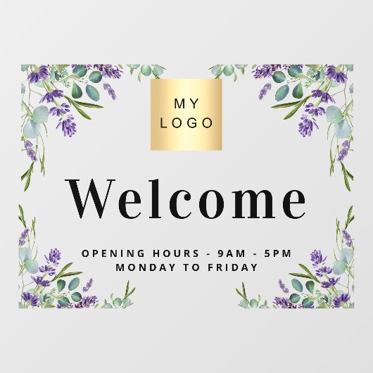 Zakelijk logo welkom openingsuren lavendel raamsticker (Vel)