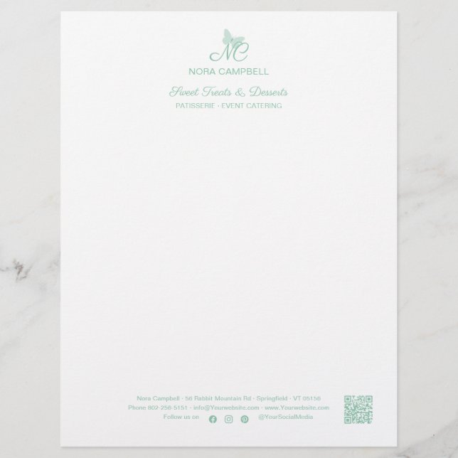Zakelijk Monogram QR-code Social Media Icons Mint Briefhoofd (Voorkant)