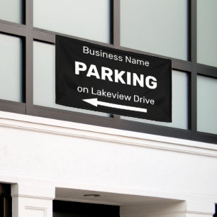 Zakelijk parkeerrichtingsbord met zwarte linker pi spandoek