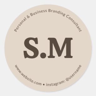 Zakelijk Retro Monogram Beige Bruin Ronde Sticker
