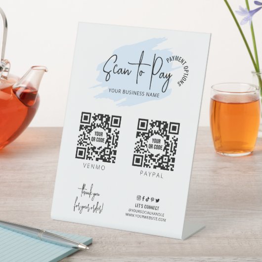 Zakelijk Scannable 2 QR-Codes Lichtblauw Betaling Reclamebord Met Voetstuk (Insitu)