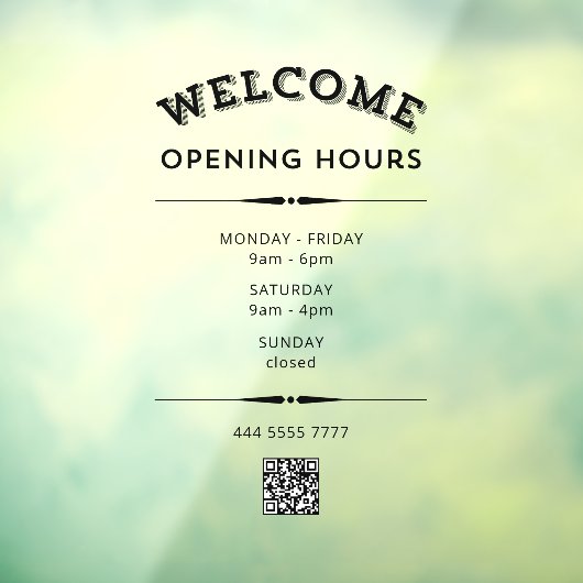 Zakelijk Welkom Openingstijden met QR Code Zwart Raamsticker (Vel 3)