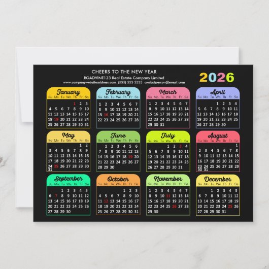 Zakelijke 2026 kalender moderne zwart goud kleurri feestdagenkaart (Voorkant)