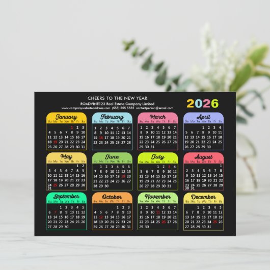 Zakelijke 2026 kalender moderne zwart goud kleurri feestdagenkaart (Staand voorkant)