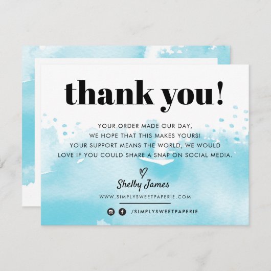 ZAKELIJKE BEDANKT moderne waterverf aqua blauw LOG (Voorkant / Achterkant)