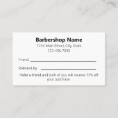 Zakelijke Black and White Barbershop Verwijs een v Aanbevelingskaartje (Achterkant)