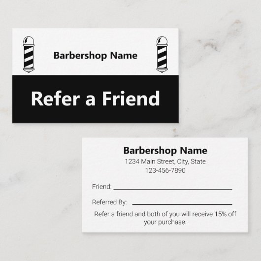 Zakelijke Black and White Barbershop Verwijs een v Aanbevelingskaartje (Voorkant / Achterkant)