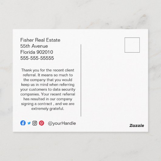 Zakelijke dank voor uw verwijzingsonroerend goed briefkaart (Achterkant)