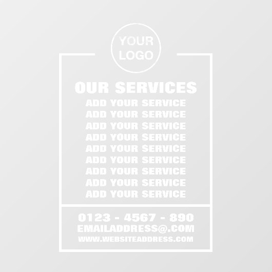 Zakelijke diensten, informatie en logo raamsticker (Vel)