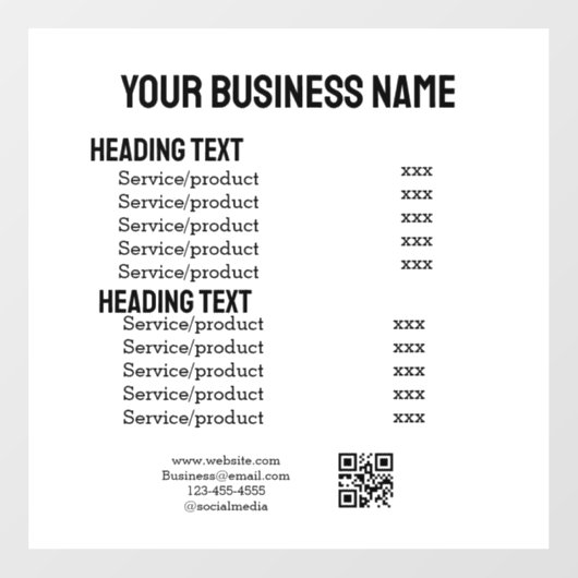 Zakelijke diensten producten prijslijst menukaart raamsticker (Vel)