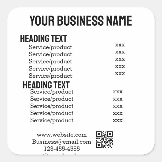 Zakelijke diensten producten prijslijst menukaart vierkante sticker (Voorkant)