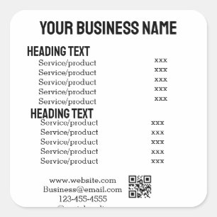 Zakelijke diensten producten prijslijst menukaart vierkante sticker