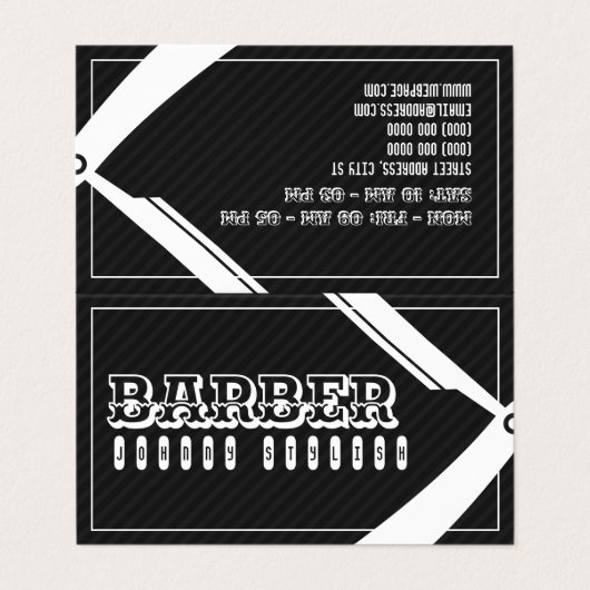 Zakelijke en loyale kappers twee in één zwart visitekaartje (Buitenkant ongevouwen)