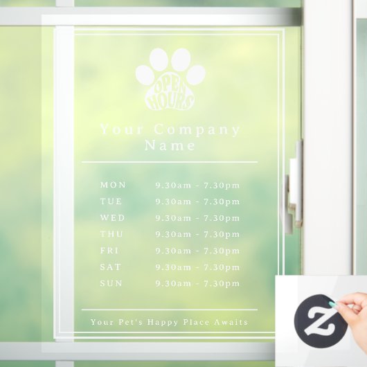 Zakelijke etalage openingstijden Pootafdruk Raamsticker (Huis)