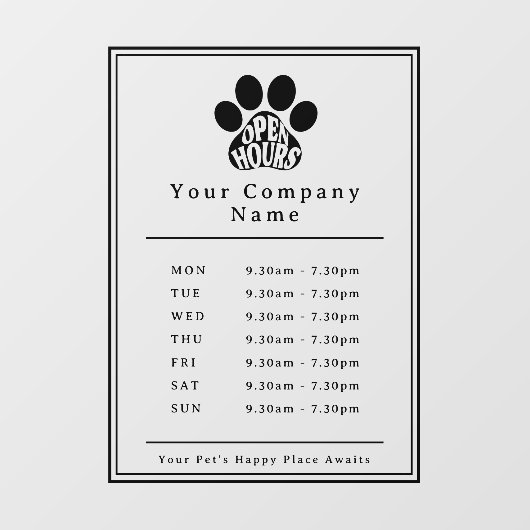 Zakelijke etalage Openingstijden Zwarte Pootafdruk Raamsticker (Vel)