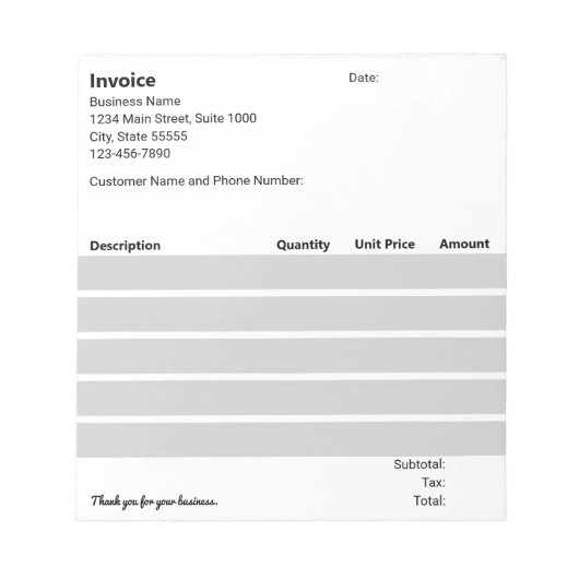 Zakelijke factuur Sjabloon Zwart Wit Licht Grijs Notitieblok (Voorkant)