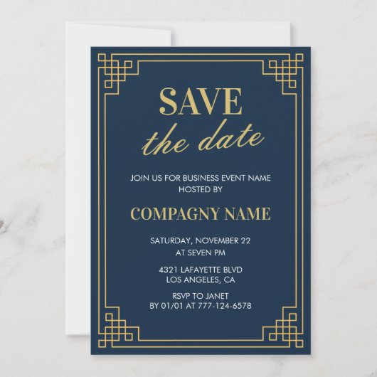 Zakelijke feest uitnodiging Save the date Navy (Voorkant)
