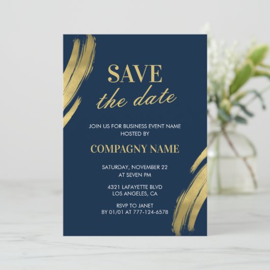 Zakelijke feestuitnodiging Save the date Navy Gold Kaart (Staand voorkant)