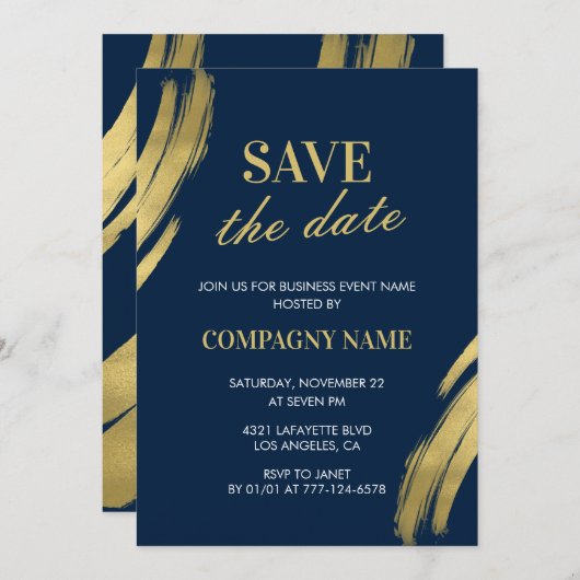 Zakelijke feestuitnodiging Save the date Navy Gold Kaart (Voorkant / Achterkant)