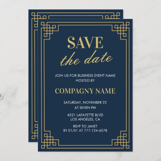 Zakelijke feestuitnodiging Save the date Navy Kaart (Voorkant / Achterkant)