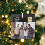 Zakelijke foto logo black Christmas Glas Ornament<br><div class="desc">Klassieke zwarte achtergrondkleur,  witte tekst. Tekst: Vrolijk kerstfeest. Personaliseer en voeg uw zakelijke logo,  foto en een jaar toe.</div>