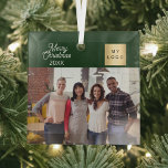 Zakelijke foto logo green Christmas Glas Ornament<br><div class="desc">Klassieke groene achtergrondkleur,  witte tekst. Tekst: Vrolijk kerstfeest. Personaliseer en voeg uw zakelijke logo,  foto en een jaar toe.</div>