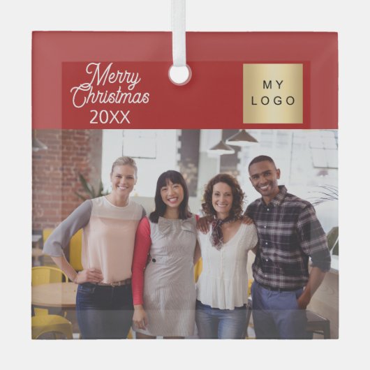 Zakelijke foto logo Kerst modern rood Glas Ornament (Voorkant)
