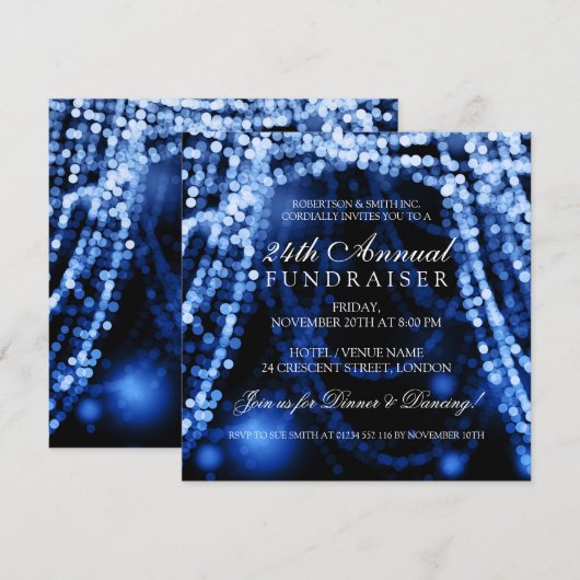 Zakelijke Fundraiser Party String Lights Blue Kaart (Voorkant / Achterkant)