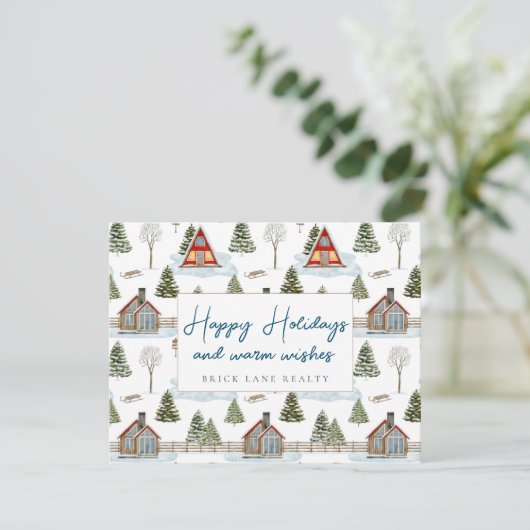 Zakelijke gezellige winterhuizen fijne feestdagen  feestdagenkaart (Staand voorkant)