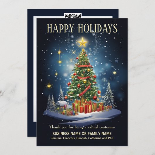 Zakelijke kerstboom geschenken dorp sneeuw logo feestdagenkaart (Voorkant / Achterkant)