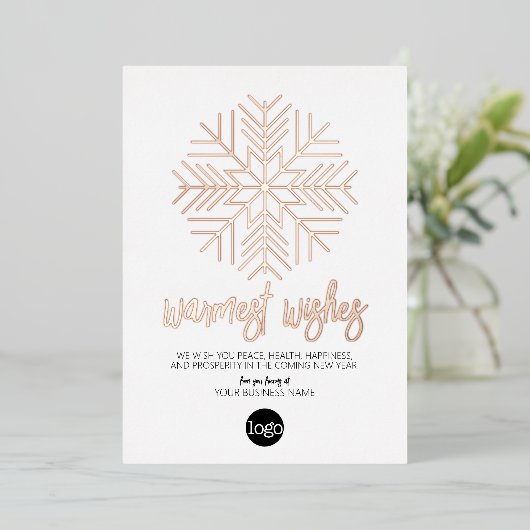 Zakelijke kerstgroet Wit - Warme Sneeuwvlok Rose G Folie Feestdagenkaart (Staand Voorkant)