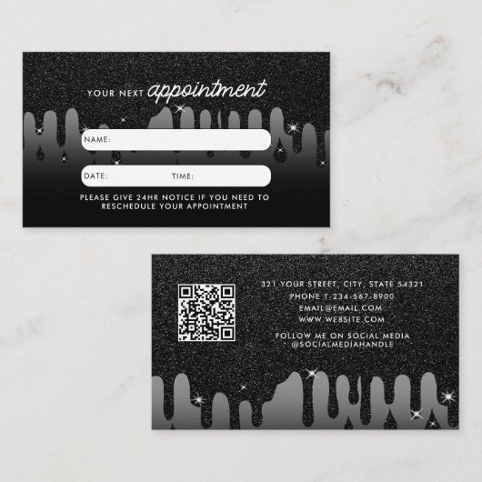 Zakelijke klant Afspraakkaart Black Glitter Visitekaartje (Voorkant / Achterkant)