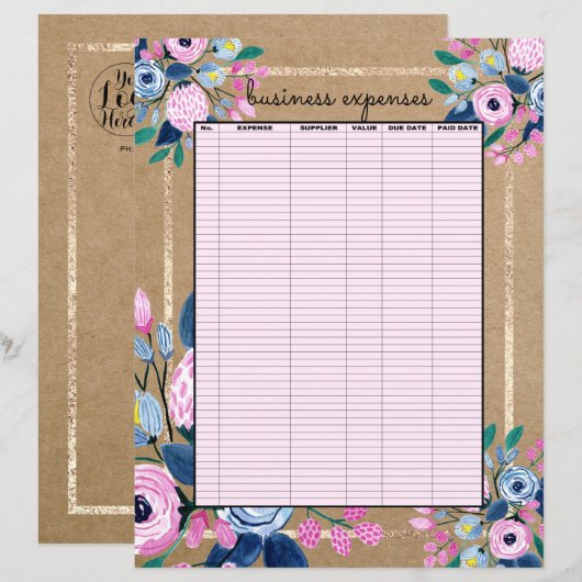 Zakelijke kosten voor roze Floral Gold Kraft Paper (Voorkant / Achterkant)