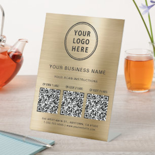Zakelijke Logo 3 QR-codes Goud Reclamebord Met Voetstuk