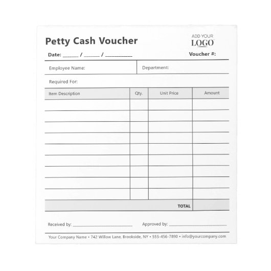 Zakelijke Logo Bedrijfskosten Petty Cash Voucher Notitieblok (Voorkant)