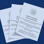 Zakelijke Logo | Eenvoudig lichtblauw aangepast Flyer<br><div class="desc">Een eenvoudige sjabloon van de douane lichtblauwe bedrijfsvlieger in een eenvoudige minimalistische stijl die gemakkelijk kan worden gewijzigd en met uw eigen bedrijfs logo,  productdetails,  tarifering en meer worden bijgewerkt! Kies de grootte van de flyer en het type van document van het optiesmenu.</div>