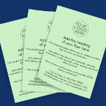 Zakelijke Logo | Eenvoudige, lichtgroene aangepast Flyer<br><div class="desc">Een eenvoudige sjabloon van de bedrijfsvlieger van het douanelicht groen in een eenvoudige minimalistische stijl die gemakkelijk met uw eigen bedrijfs logo,  productdetails,  tarifering en meer kan worden gewijzigd en worden bijgewerkt! Kies de grootte van de flyer en het type van document van het optiesmenu.</div>