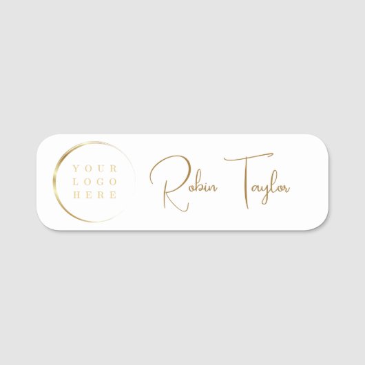 Zakelijke Logo Elegant Wit Goud Modern Monogram Naamplaatje (Voorkant)