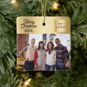 Zakelijke logo foto gouden kerst keramisch ornament