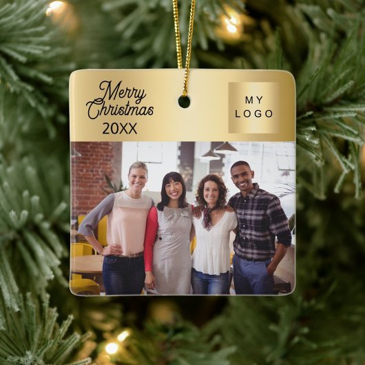 Zakelijke logo foto gouden kerst keramisch ornament