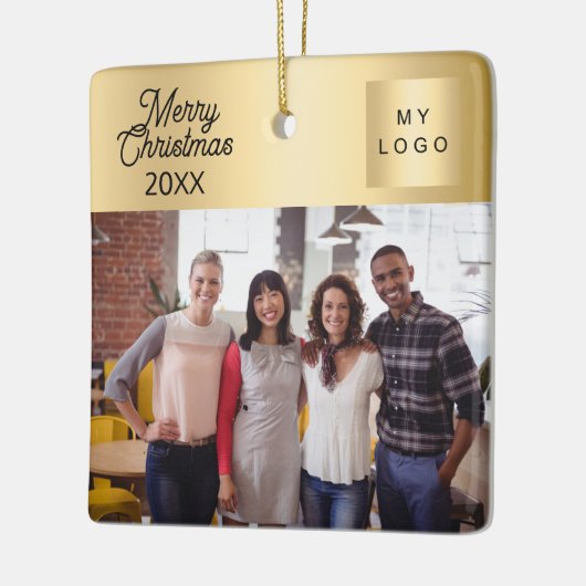 Zakelijke logo foto gouden kerst keramisch ornament (Links)