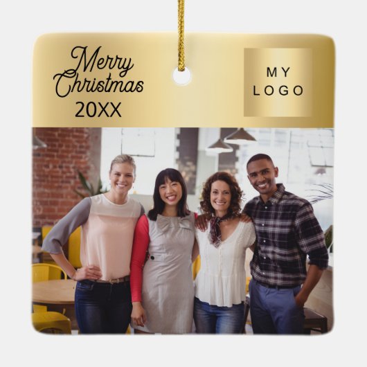 Zakelijke logo foto gouden kerst keramisch ornament (Achterkant)