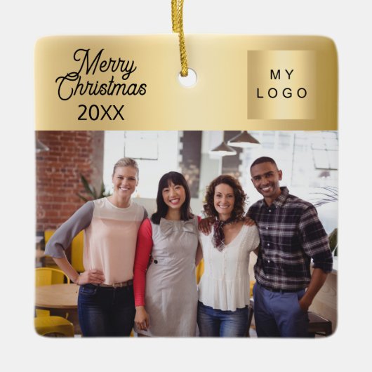 Zakelijke logo foto gouden kerst keramisch ornament (Voorkant)