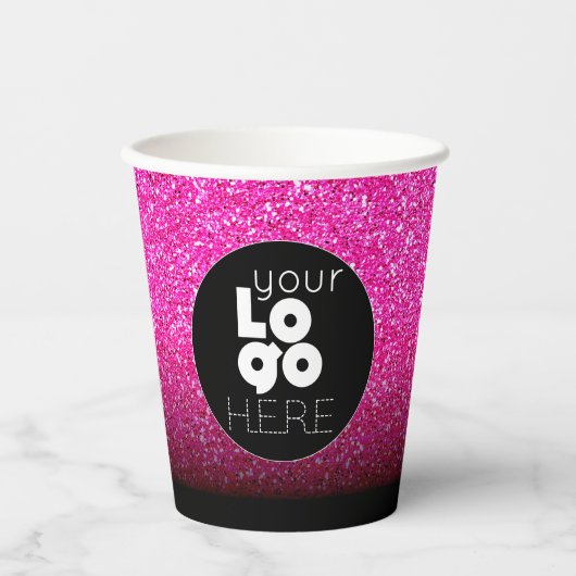 Zakelijke Logo hot-roze glitter + zwarte papierbek Papieren Bekers (Voorkant)