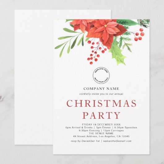 Zakelijke Logo in Poinsettia Kerstfeest Feestdagenkaart (Voorkant / Achterkant)
