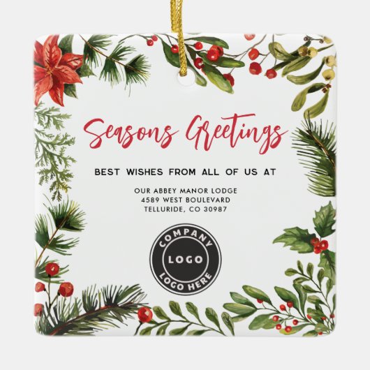 Zakelijke Logo Kerst Feestdagen Botanisch Keramisch Ornament (Voorkant)