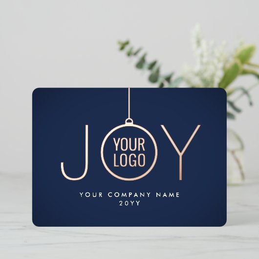 Zakelijke Logo kerstversiering marineblauw Joy Folie Feestdagenkaart (Staand Voorkant)